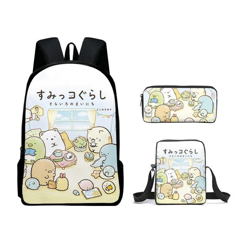 Mochila clásica con estampado 3D de Anime Sumikkogurashi, mochilas escolares para pupilas, mochila para portátil, bolso de hombro inclinado, estuche para lápices, 3 unids/set