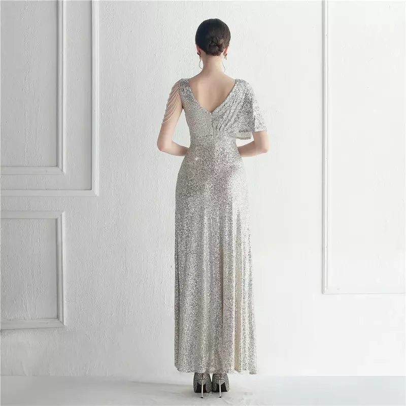 Sladuo Womens Sexy See Through V Neck Asymmetry Sleeve Luxury Elegant Evening Party Bodycon Maxi Dress
