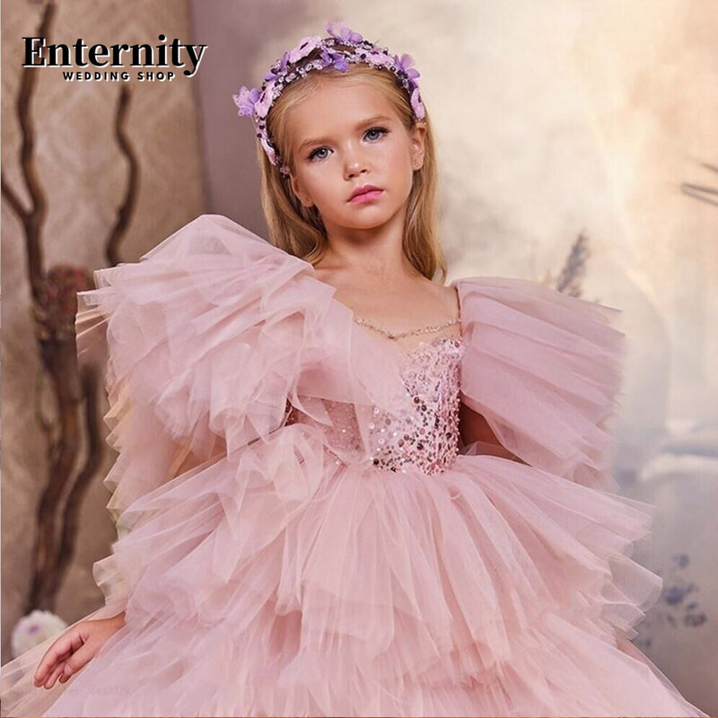Princesse Enfant-vestido florida de lantejoulas de costas abertas, vestido de baile de manga curta para crianças, lindo vestido lindo com o pescoço