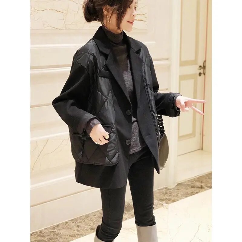 Outerwear Womens Fake Two-piece Suit Collar Down Coat  Female Korean Patchwork Jackett Winter 2023 New Fashion Mmanteau Femme