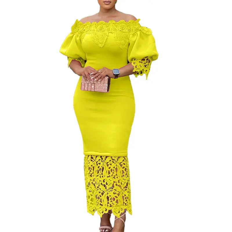 Spring Summer Fashion Lantern Sleeves Slim Dress African Women Office Ladies Solid Round Neck Work Knee Length Dress Women