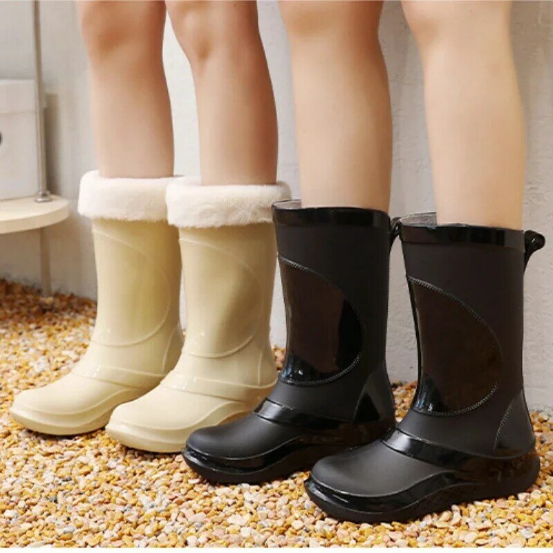 Зимние резиновые сапоги для женщин, водонепроницаемые теплые галоши для сада, безопасная защита от дождя, теплые сапоги из ПВХ, обувь