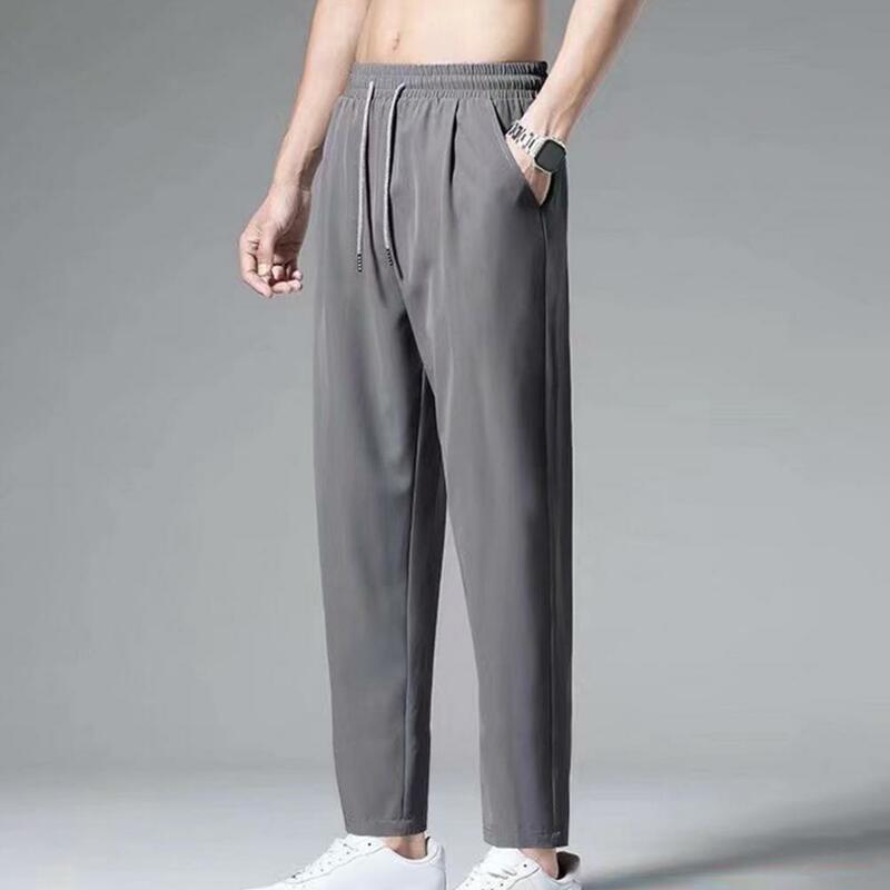 Lightweight Straight-leg Pants Men's Casual Ankle-length Pants Wide-leg Trousers with Elastic Waist Breathable Ice for Daily