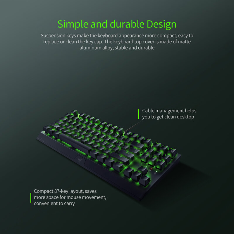 Механическая клавиатура Razer blackтна X, проводная игровая клавиатура без клавиш, 87 клавиш, для киберспорта, зеленые механические переключатели...