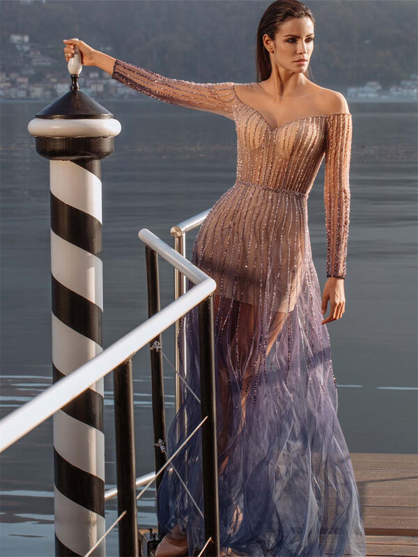 Elegant Long Sleeved Prom Dress 2024 Sparkling Sequined Evening Dresses Charming Strapless Floor Length Gowns Vestidos De Novia