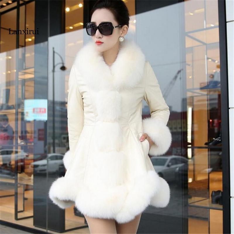 Jaqueta de pele sintética de comprimento médio feminina, colarinho de pele grande, casaco quente espessado, slim fit, couro falso, plus size 6XL