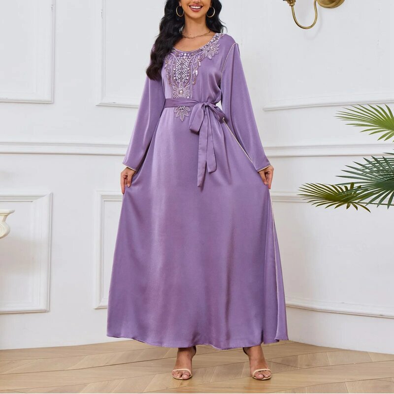 Damen kleider für Sommer lässig Frauen Rundhals ausschnitt Perlen Blumenmuster High-End lang ärmel ige muslimische High-End-Lang kleid