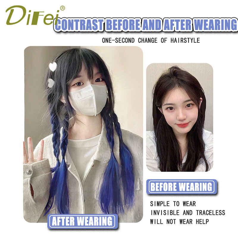 Wig DIFEI rambut sintetis kepang gadis keren manis kepang panjang gradien alami mode highlight gadis ekor kuda ganda