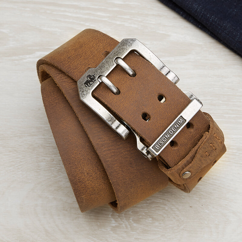 BISONDENIM Luxury Designer Belts for Men Vintage Spilt Genuine Leather Pin Buckle Waist Strap Belt for Jeans High Quality W71794