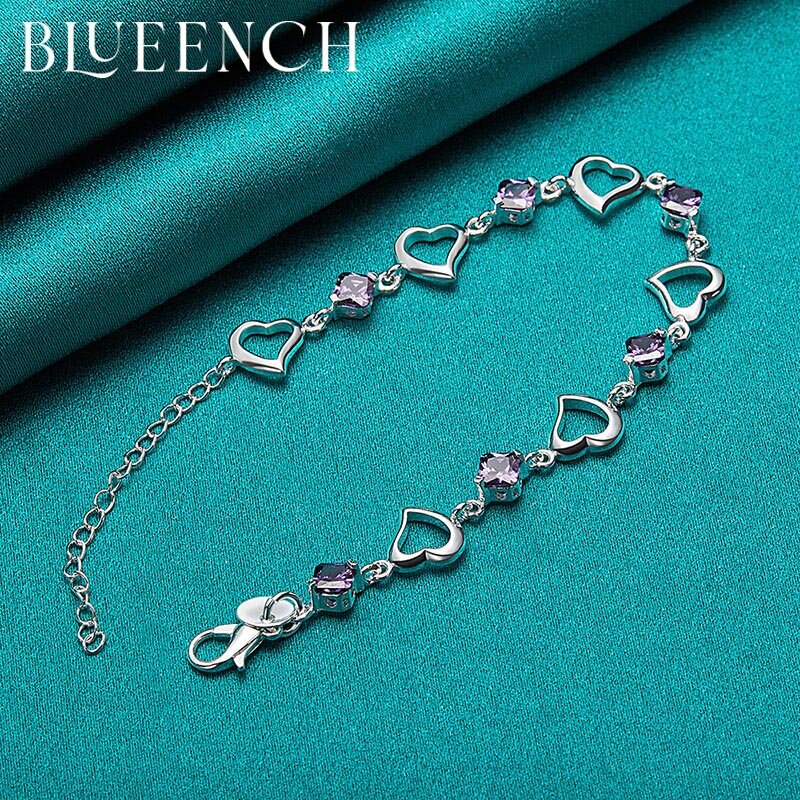 Blueench 925 Sterling Silver Zircon Heart Link Bracelet for Women Everyday Fashion Jewelry