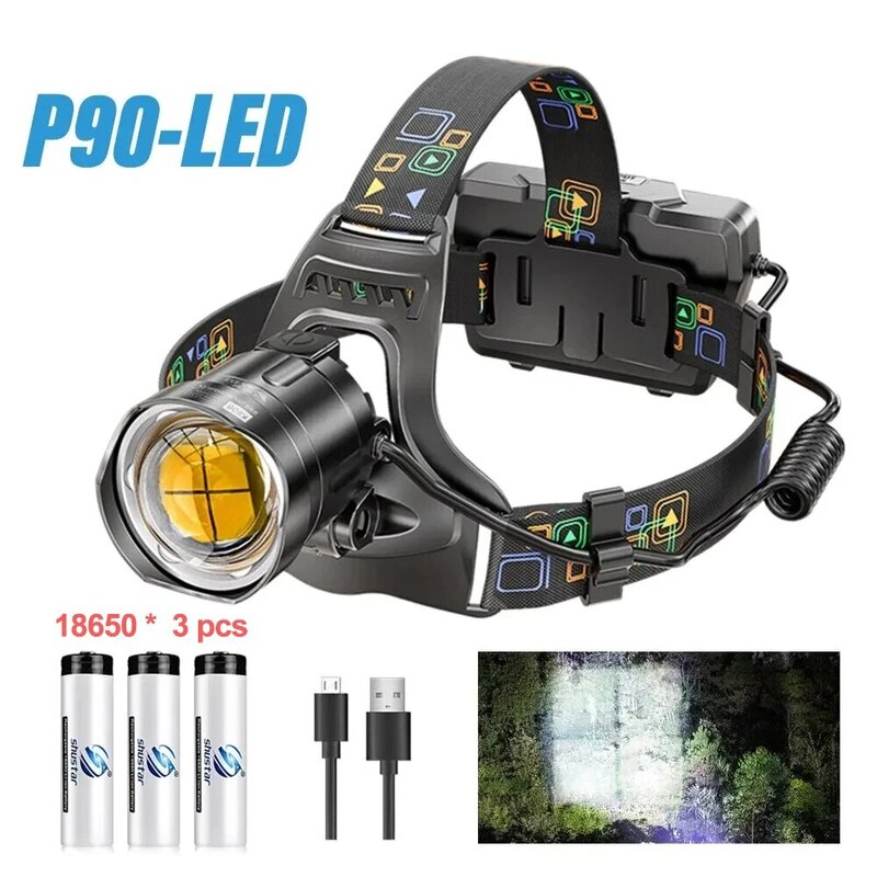 Супер яркий светодиодный налобный фонарь с лампами XHP90, водонепроницаемый дисплей мощности фары, подходит для разведения охоты и рыбалки