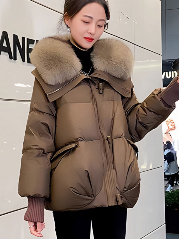 Grande gola jaqueta curta para as mulheres, estilo elegante e estrangeiro grosso pato branco para baixo faux fur inverno novo