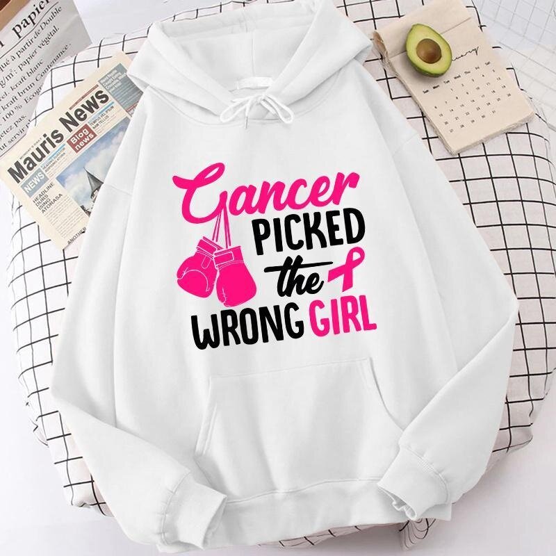 Cute Cancer Picked The Wrong Girl Breast Cancer Awareness Letter Printing Hoodies Loose Sweatshirt Women Long Sleeve Casual Tops