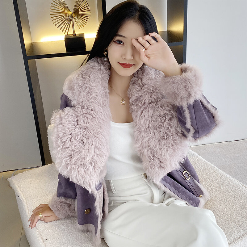 Меховая женская зимняя куртка, новинка, утепленное роскошное пальто из кроличьего меха с интегрированным плюшевым воротником из овечьей шерсти, свободное корейское пальто с длинным рукавом
