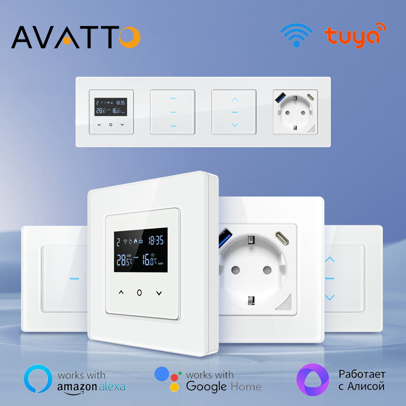Смарт-термостат AVATTO Tuya с Wi-Fi, настенный выключатель для штор, USB порт Type-C, с поддержкой Alexa,Google Home,Alice
