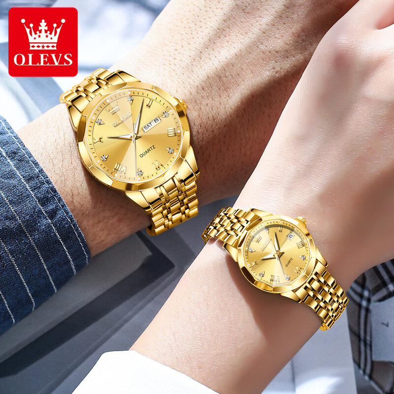 OLEVS jam tangan pasangan Quartz, arloji bisnis cermin Rhombus tahan air untuk pria wanita tanggal kalender 9931
