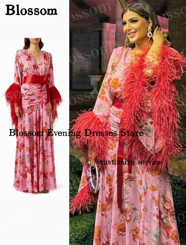 Выпускные платья с V-образным вырезом, цветочным принтом, перьями, длинными рукавами, поясом, а-силуэт, изысканные вечерние платья 2024, официальное платье