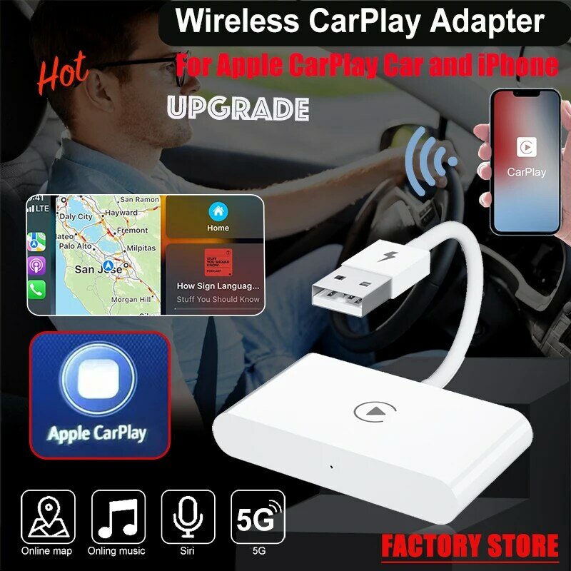 Adaptador CarPlay sem fio para iPhone e Apple, Dongle CarPlay com fio, Atualização Smart Dongle para Conversão de Fábrica