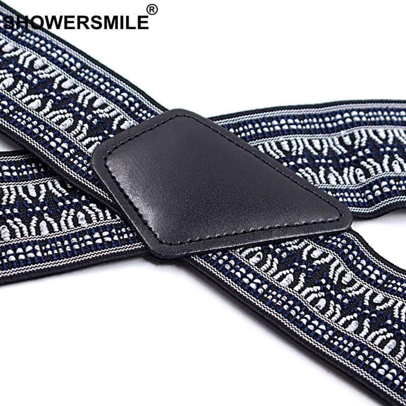 Showersmile Vintage Suspender Lebar 5 Cm 4 Klip X Kembali Kawat Gigi untuk Celana Panjang Elastis Abu-abu Geometeric Pria Kemeja Suspender 120 CM