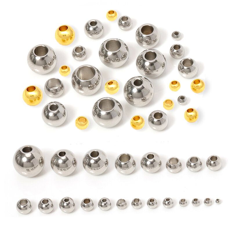 Cuentas de acero inoxidable 316L, 100 piezas, 2mm-12mm, bola europea de Metal, espaciador de agujero grande para la fabricación de joyas, pulsera y collar Diy