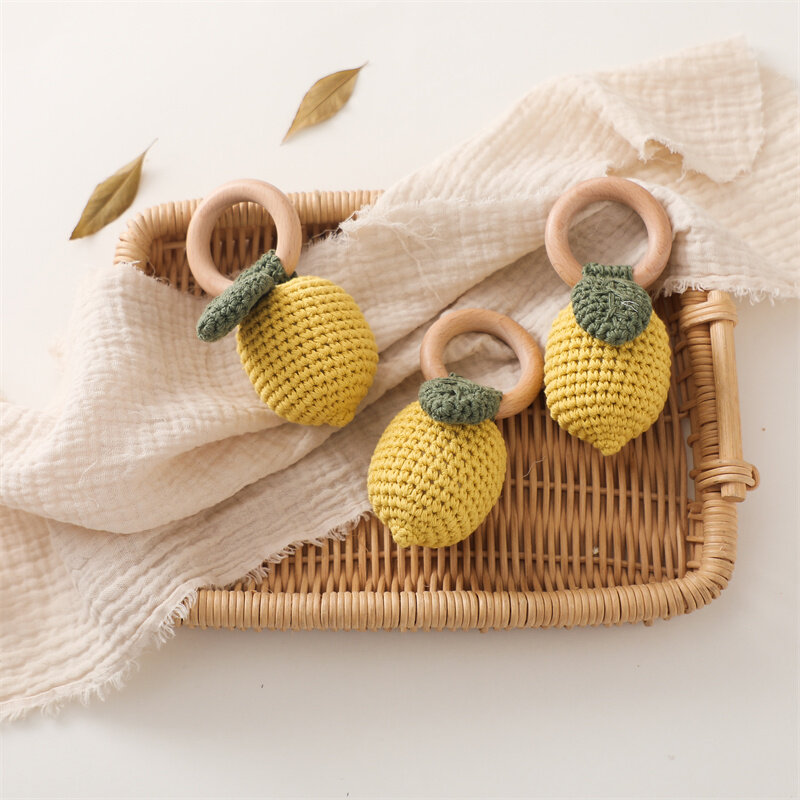 Baby Music Rattle Fruit Cotton Pear Crochet Rattle Lemon Soft Toy for Baby Wooden Teether Newborn Toys Montessori Bell Baby Toy