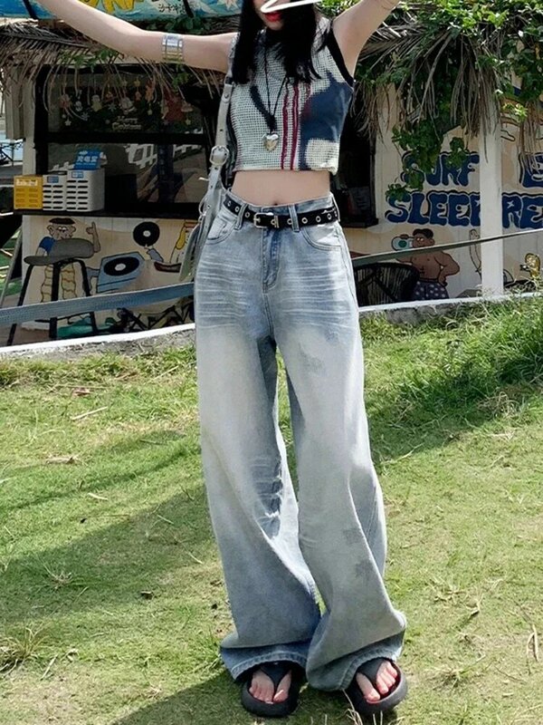 Pantalones vaqueros holgados de cintura alta para mujer, Jeans básicos sencillos informales, color azul claro, moda urbana americana