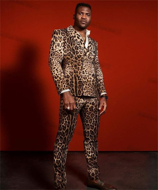 Conjunto de duas peças de veludo leopardo masculino, blazer e calças, jaqueta personalizada, escritório de negócios, smoking de casamento, casaco trespassado duplo, terno formal