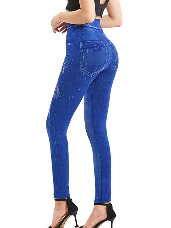 Legging Yoga wanita Jeans palsu olahraga mulus lembut jegging desain Bintang imitasi tinggi elastis Denim celana pensil