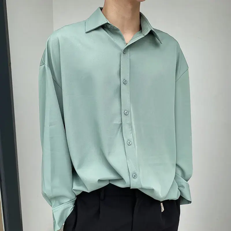 Роскошная мужская рубашка из ледяного шелка, однотонная корейская мода с длинными рукавами в стиле Харадзюку, драпировка без железа, Свободные повседневные рубашки на пуговицах для мужчин