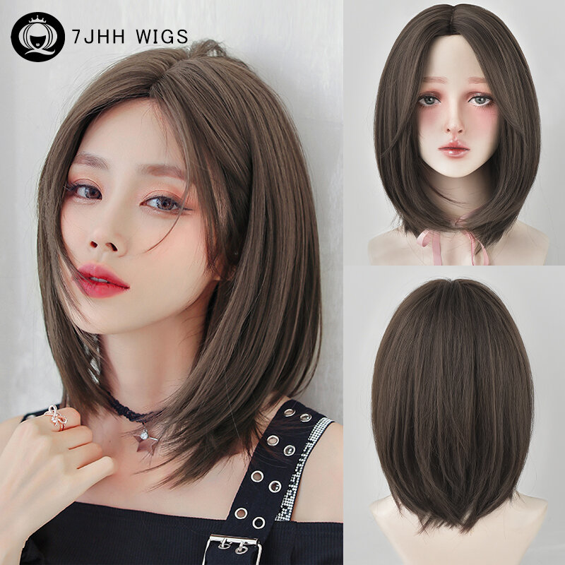 7JHH WIGS Short Straight Cool Brown Bob Wig for Women Daily Use High Density Synthetic Middle Part Hair Wigs with Curtain Bangs