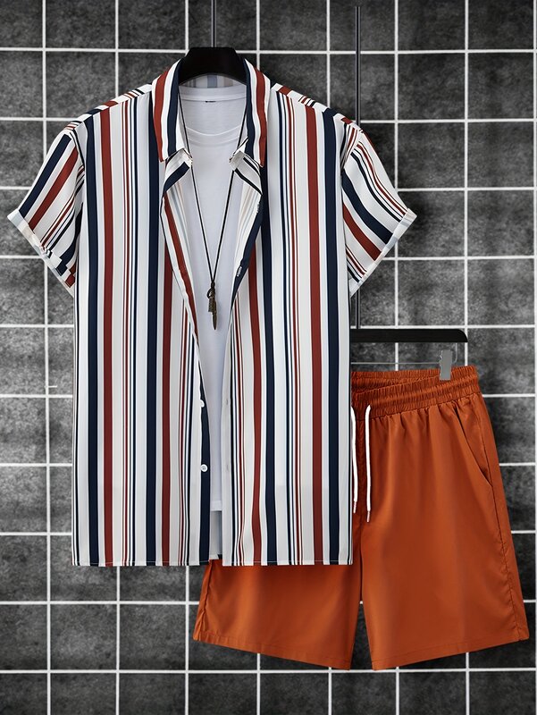 남녀공용 여름 셔츠 세트, 3D 프린트 레트로 줄무늬, 반팔 캐주얼 셔츠, 오버사이즈 비치 반바지, 하와이 남성 정장 의류