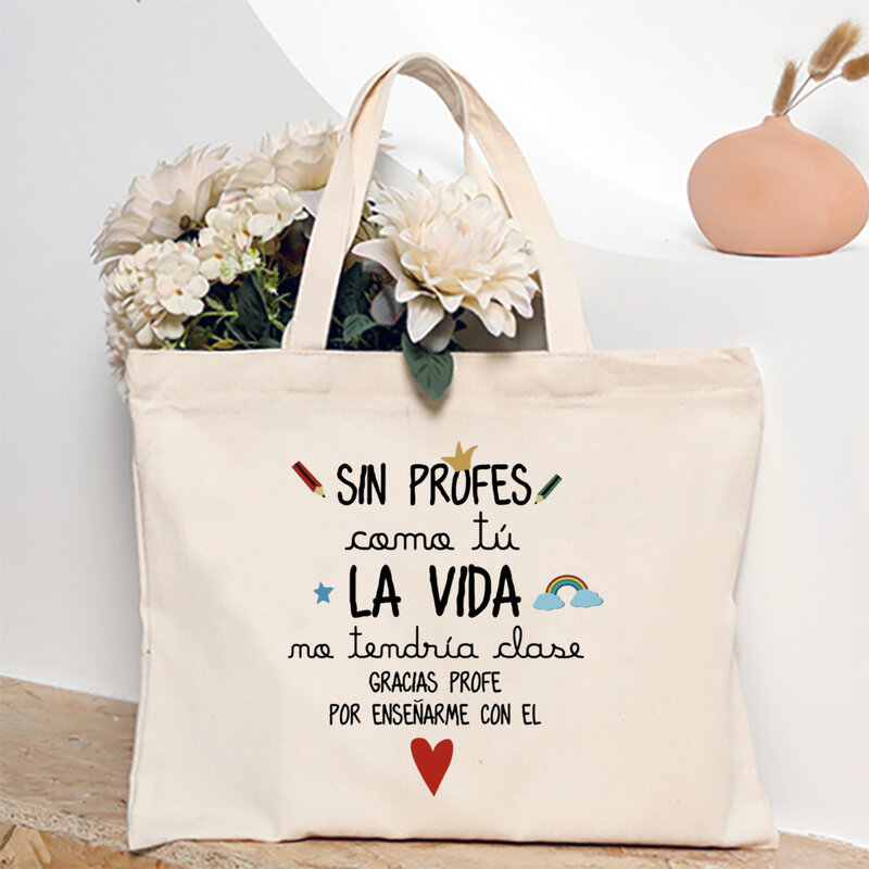 حقيبة كتف مطبوعة إسبانية للنساء ، حقائب تسوق قماشية ، حقائب يد نسائية ، حقيبة حمل قابلة لإعادة الاستخدام ، هدية للمعلمين في العالم