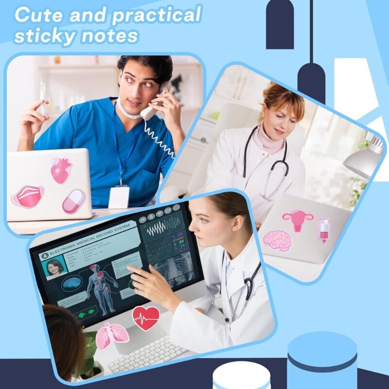ADWE 8x Notas postagem com tema médico autoadesivas para enfermeira Notas adesivas graváveis ​​Blocos notas