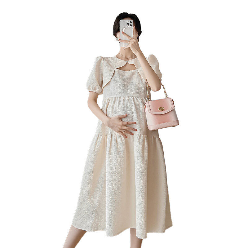 2024 Summer Korean Style Pregnant Woman Party Dress Short Sleeve Elegant Maternity A-Line Dresses Plus Size Pregnancy Clothes