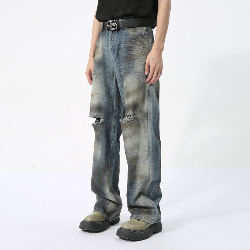 NOYMEI-Jeans estilo vintage masculino com buracos, jean reto solto, calça de corante de laço, calça elegante, rua alta, verão, novo, WA4401, 2024