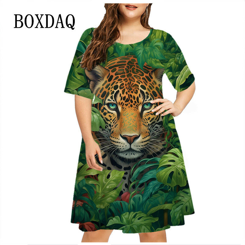 Gaun ukuran besar wanita, gaun Mini wanita pola macan, gaun kasual lengan pendek leher O longgar, cetakan 3D