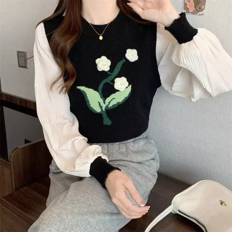 Suéteres de punto de dos piezas falsas para mujer, jerséis de flores 3D