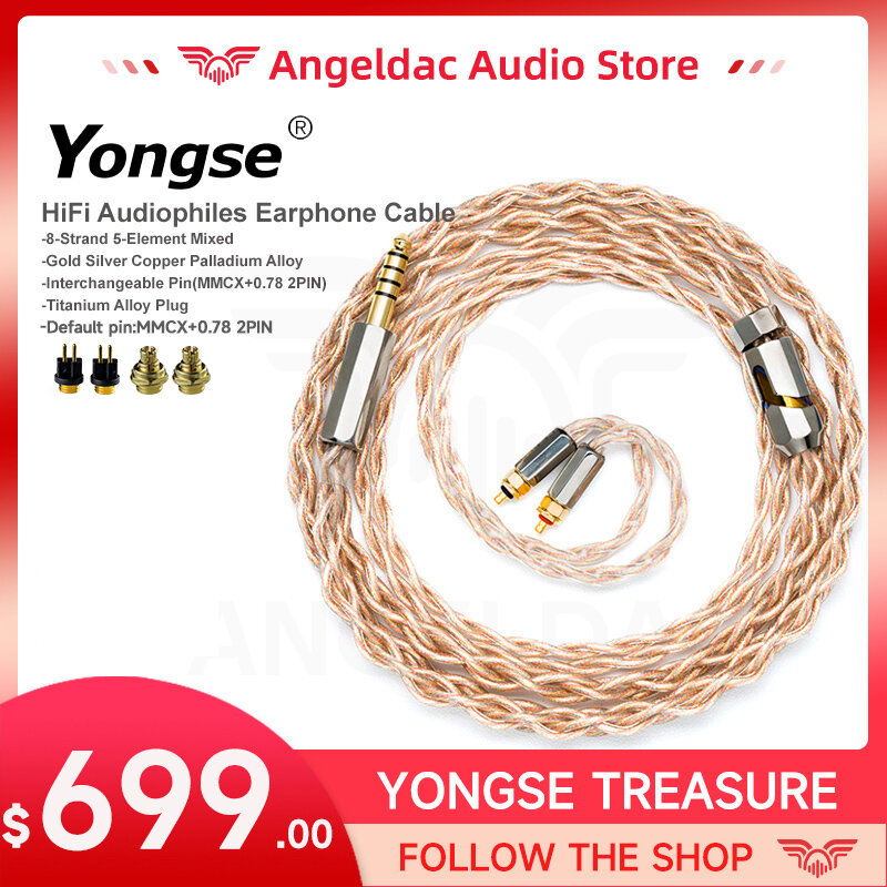 YONGSE Treasure 8-Strand 5-Element Mixed Gold Silver Copper Palladium Alloy HiFi Audiophiles Earphone Cable Interchangeable Pin