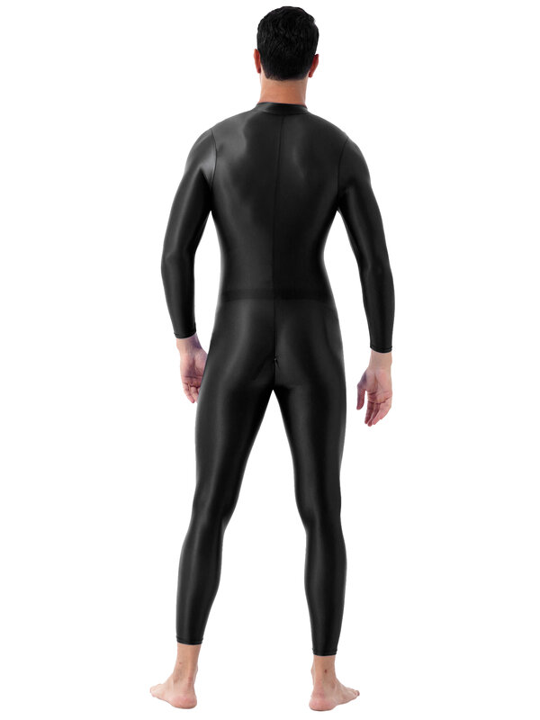 メンズワンピース黒のきらめくジャンプスーツ,滑らかなランジェリー,ハイカラー,長袖,足首までの長さ,ダブルエンド,ジッパー付き