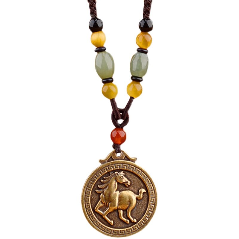 Liontin kuningan antik 12 zodiak jimat penjaga panjang rantai wol gaya etnik kalung aksesori untuk pria dan wanita All-match