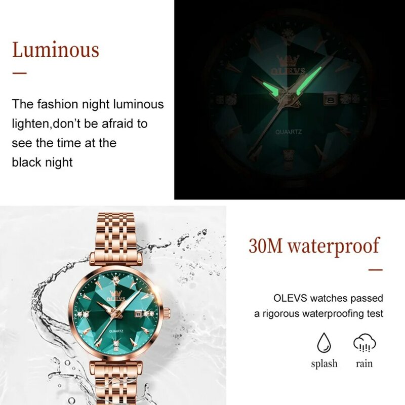 Новинка 2023, роскошные женские кварцевые часы OLEVS из розового золота с браслетом из нержавеющей стали, водонепроницаемые часы, женские модные часы с ромбовидным стеклом