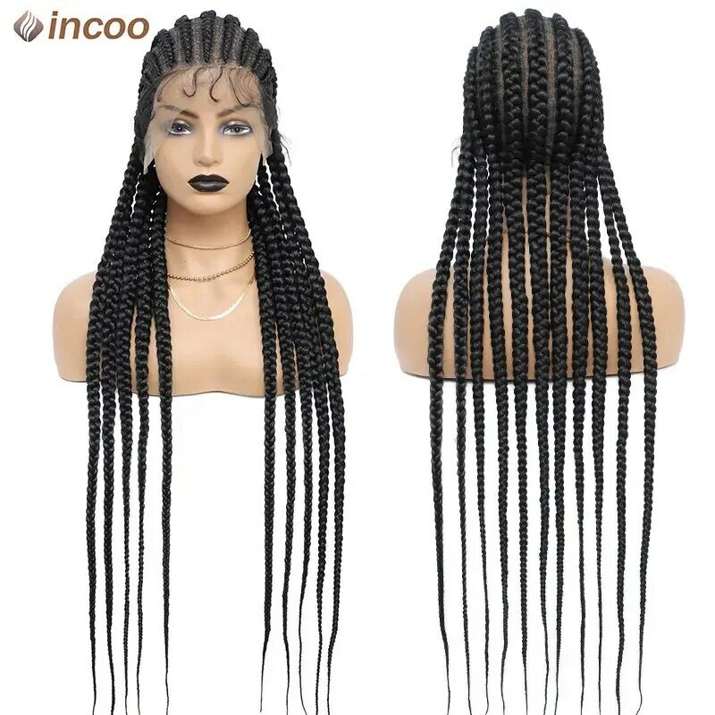 36 Inch Cornrow Braided Lace Wigs Long Black Knotless Box Braid Wigs Goddess Braided Wig Woman Synthetic Full Lace Front Wig