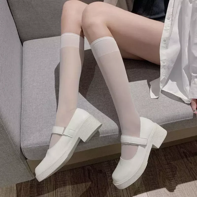 Calcetines hasta la rodilla de nailon para mujer y niña, calcetín Sexy de Lolita JK, uniforme transparente, 3 pares