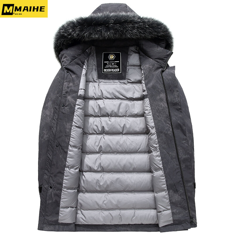 Down Jacket Men's And Women's Long Winter Fur Collar Hooded Parka Outdoor Loose Thickened Lightweight Grey Duck Down Padded Coat
