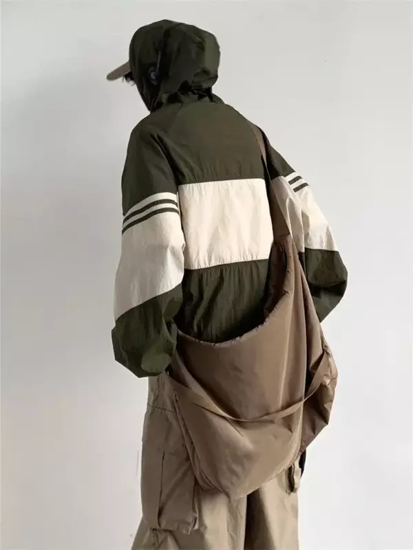 QWEEK Gorpcore 여성용 빈티지 후드 재킷, 일본 스타일, 속건성 녹색 아우터, 오버사이즈 하라주쿠 레트로 패치워크 브라운 탑 신상아우터