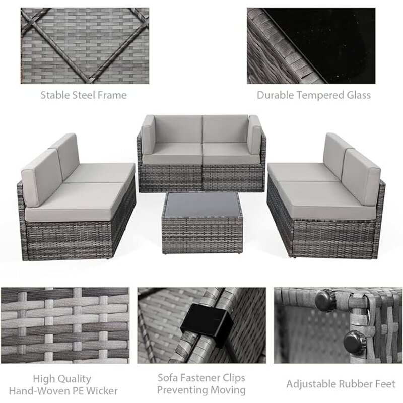 Mobília do pátio do vime do Rattan, Sofá secional ao ar livre, Conjunto de sofá modular, Conjunto de conversação do pátio, 7 pcs