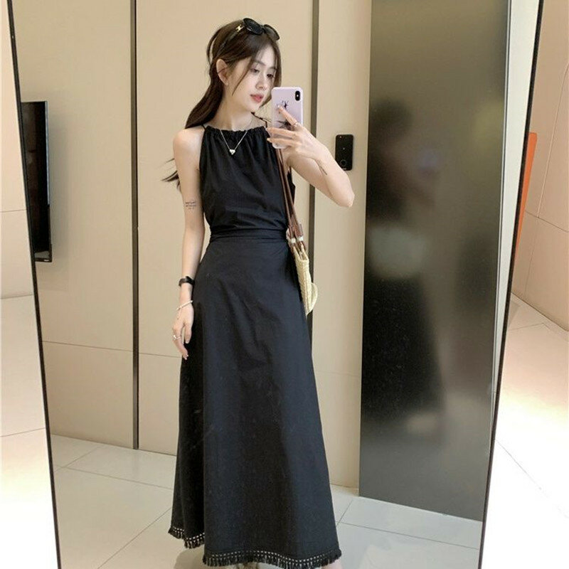 2024 Frühling/Sommer koreanische Ausgabe neue hängende Riemen Kleid modische Aushöhlung Design Taille schließen schlanke lange Kleid