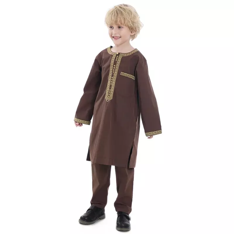Conjunto de 2 piezas para niños musulmanes, vestido estampado de manga larga con cuello redondo, camisa Abaya, Kaftan, Jubba, Thobe, ropa islámica