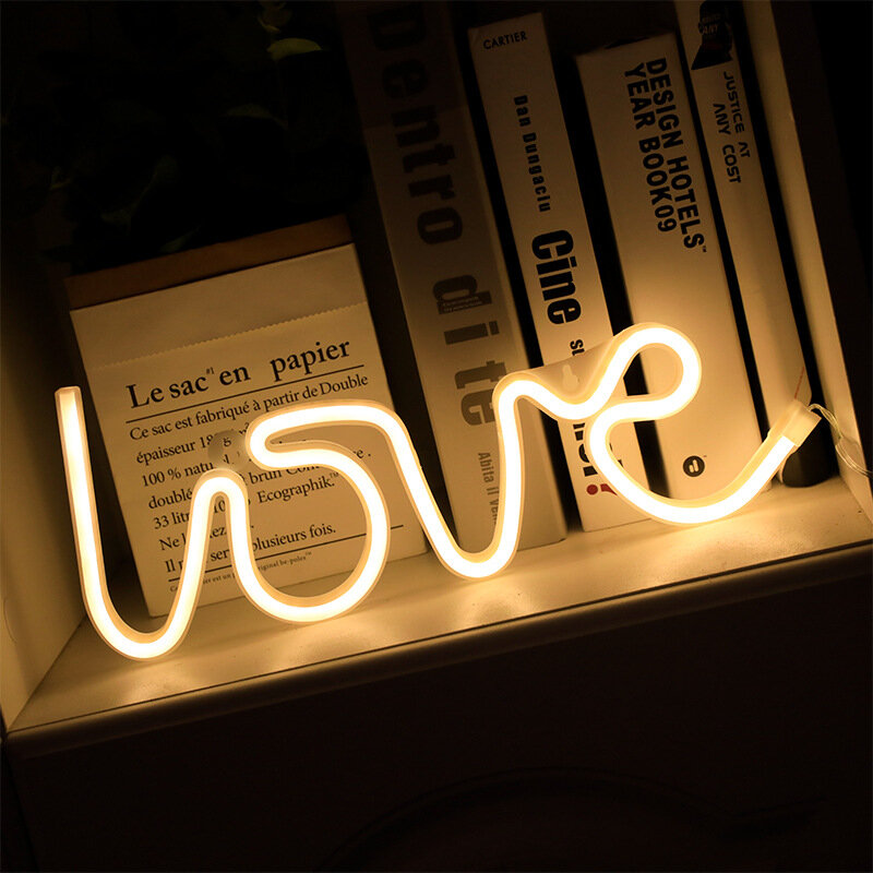 Luces LED de neón con forma de amor, luz nocturna con batería, USB, doble alimentación, decoración interior para Navidad, boda y cumpleaños