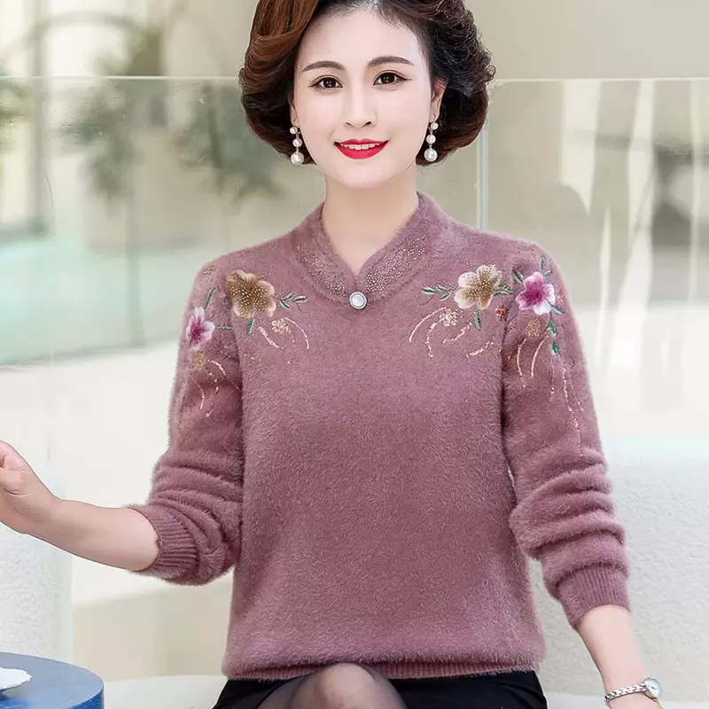 Autumn Winter Thicken Cashmere Sweater Women Imitation Mink Velvet Sweater Elegant Middle Aged Pullover Knitted Jumper G76